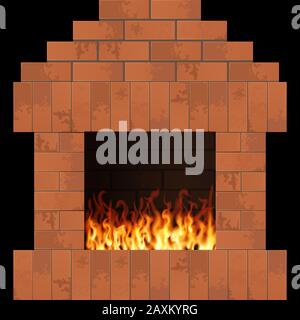 Fireplace with flame. Home interior vector illustration. Brick stonework Stock Vector