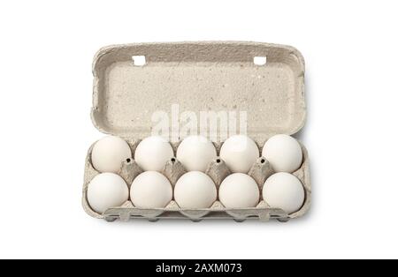 Cassette of chicken eggs isolated on white Stock Photo