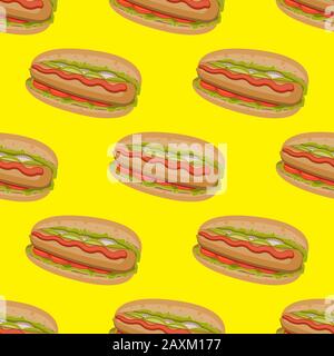 seamless hot dog pattern on a yellow background. Vector image Stock Vector