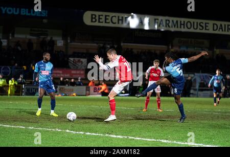 High Wycombe, UK. 11th Feb, 2020. Anthony Stewart of Wycombe Wanderers hits a shot at goal during the Sky Bet League 1 match between Wycombe Wanderers and Fleetwood Town at Adams Park, High Wycombe, England on 11 February 2020. Photo by Andy Rowland. Credit: PRiME Media Images/Alamy Live News Stock Photo