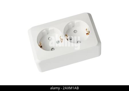 External double plastic power outlet isolated on white Stock Photo