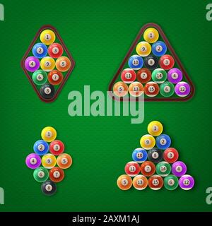 Different types American pool ball racks. Vector illustration Stock Vector