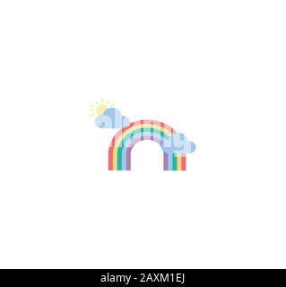 Flat cartoon weather illustration vector. Weather icon for mobile app on smartphone. Weather forecast vector icon - sun and clouds with a rainbow Stock Vector
