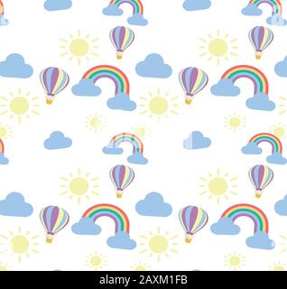 Weather Pattern - Stylish Flat Vector Illustration of Rainbow, Cloud and Sun with Balloon Stock Vector