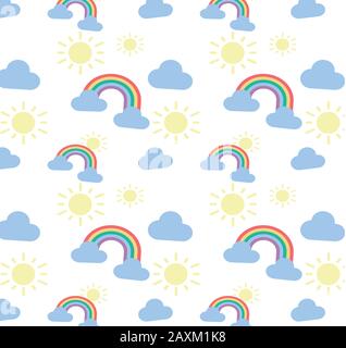 Weather Pattern - Stylish Flat Vector Illustration with Rainbow, Cloud and Sun Stock Vector