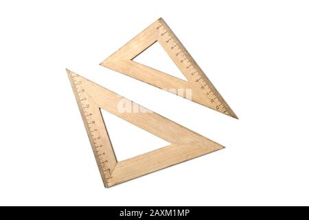 Student wooden rulers angles isolated on white Stock Photo