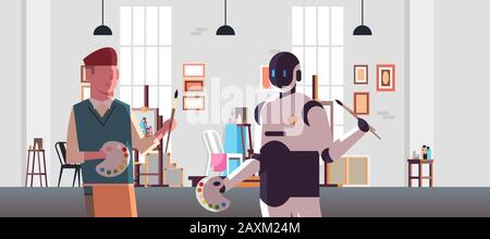 robot and human painters holding paintbrush and palette robotic character vs man standing together in modern art studio artificial intelligence technology concept flat portrait horizontal vector illustration Stock Vector