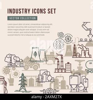 Vector collection with a set of industrial icons in linear and flat style. Stock Vector