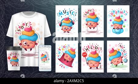 Cute cake poster and merchandising. Stock Vector