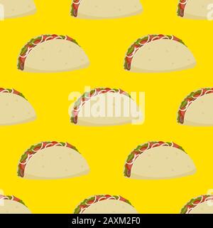 Seamless pattern of Mexican burrito with meat and vegetables on a yellow background. Vector image Stock Vector