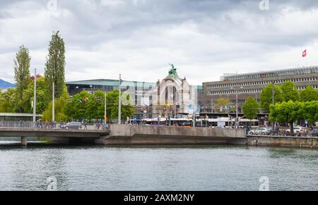 Lucerne, Switzerland - May 7, 2017: Street view of Lucerne city with Train Station and Art Museum facades Stock Photo