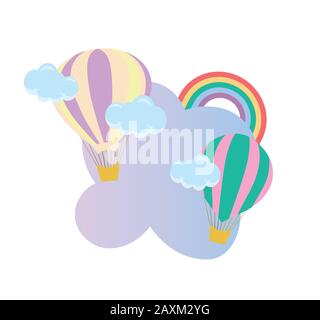 two beautiful balloons with clouds and rainbow on gradient background - childrens vector illustration, baby shower card Stock Vector