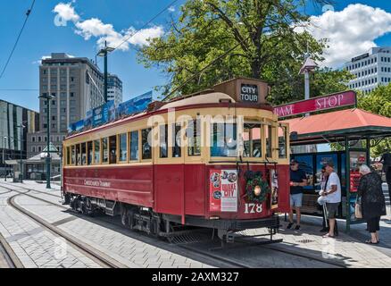 Historical tram in Christchurch, South Island, New Zealand Stock Photo