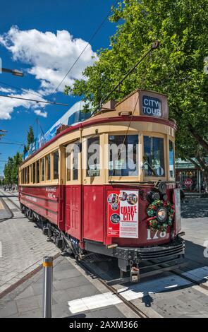 Historical tram in Christchurch, South Island, New Zealand Stock Photo