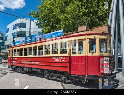 Historical tram in Christchurch, South Island, New Zealand Stock Photo