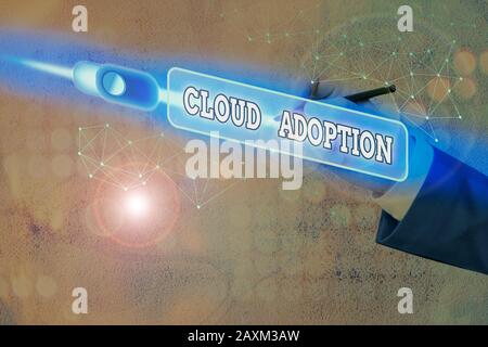 Text sign showing Cloud Adoption. Business photo text strategic move by organisations of reducing cost and risk Stock Photo