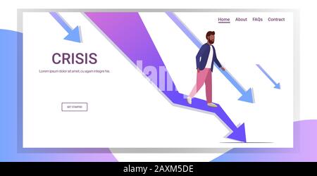stressful businessman standing at falling down economic arrow downward ...