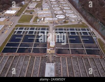 Drone aerial Sewage wastewater treatment ponds plant Cincinnati Ohio USA