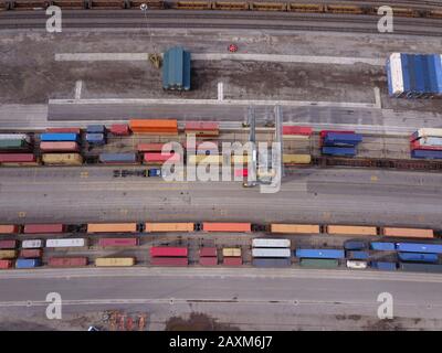 Drone aerial Container truck loading train rail yard  Cincinnati Ohio