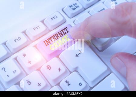 Writing note showing Internet Crime. Business concept for crime or illegal online activity committed on the Internet Stock Photo