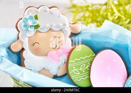 Close up of glazed cookies in shape of lovely sheep and two eggs lying in box with blue napkin isolated on white background. Cute homemade pastry. Spring and easter holidays concept. Stock Photo