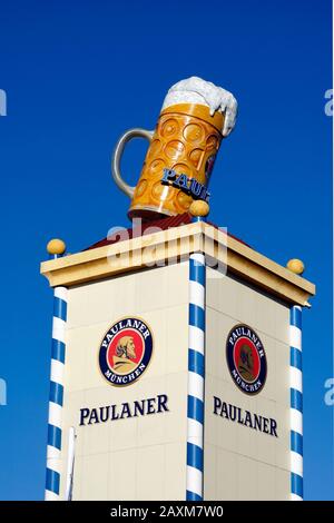 Germany, Bavaria, Munich, Oktoberfest, party tents, Paulaner tower, beer mug Stock Photo