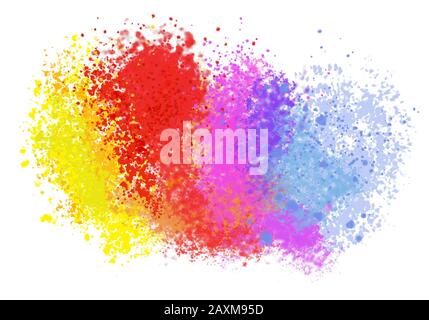 Colorful explosion of  yellow, red, pink and blue stain colors on white background. Digital abstract illustration artwork with copy space. Stock Photo