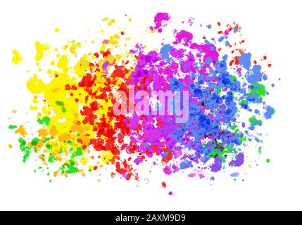 Colorful explosion of  yellow, red, pink and blue stain colors on white background. Digital abstract illustration artwork with copy space. Stock Photo