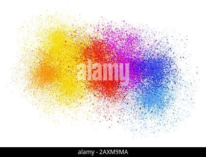 Colorful explosion from small stains of yellow, red, pink and blue on white background. Digital abstract illustration artwork with copy space. Stock Photo