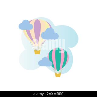 two beautiful balloons with clouds and a blue gradient - childrens vector illustration, baby card Stock Vector