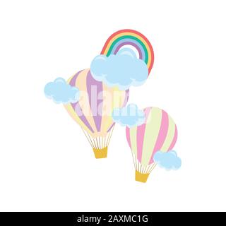 two beautiful balloons with clouds and a rainbow - childrens vector illustration, baby shower Stock Vector