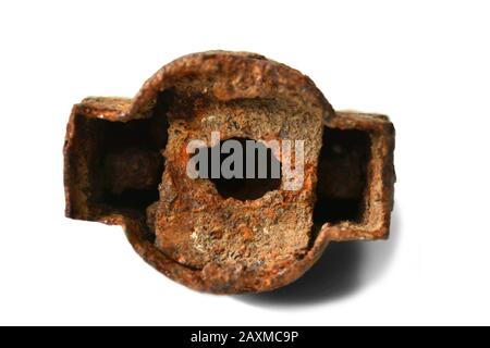 old rusty padlock, bottom view, isolated on white background Stock Photo