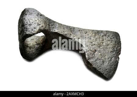 ancient historic metal ax on a white background Stock Photo