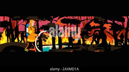 firefighter extinguishing dangerous wildfire in australia fireman spraying water from hose fighting bushfire firefighting natural disaster concept intense orange flames horizontal vector illustration Stock Vector