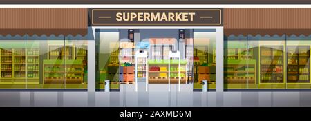 modern supermarket retail store with assortment of groceries grocery shop exterior horizontal vector illustration Stock Vector