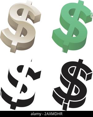 3D Dollar Sign Vector Illustration Set in Gold, Green, Shadow and Black Versions Stock Vector