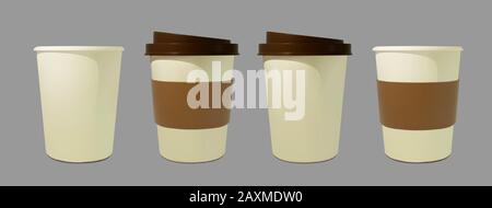 Set paper realistic coffee and tea cup. Mockup isometric coffee mugs. Disposable glass for drinks. Template for products, web banners and leaflets Stock Vector