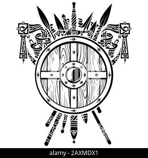 Viking design. Viking shield and swords. Set of medieval weapons, swords and spears of warriors Stock Vector