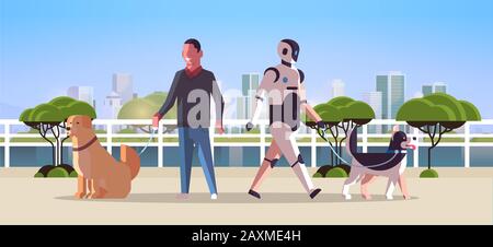 robotic character and man walking with dogs robot vs human standing together with pets public park artificial intelligence technology concept cityscape background full length horizontal vector illustration Stock Vector