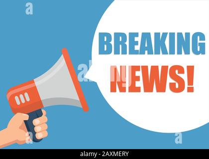 Breaking News - Male hand holding megaphone. Stock Vector