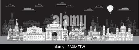 Panoramic vector line art illustration of landmarks of Moscow, Russia. Moscow city skyline vector illustration in white color isolated on black backgr Stock Vector