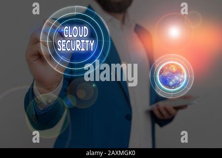Handwriting text Cloud Security. Conceptual photo protection of data stored online from theft and deletion Elements of this image furnished by NASA Stock Photo