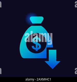 money bag with dollar glowing neon icon fall down arrow financial crisis bankruptcy concept banking icons for ui and ux website or mobile app vector illustration Stock Vector