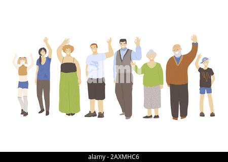 Group of happy joyfull different generation people, waving hands and showing OK sign. Kids, young man and woman, old people vector illustration Stock Vector