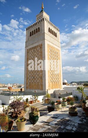 The ornate patterned minaret of Ez Zitouna Mosque (Great Mosque) viewed from a terrace in Tunis, Tunisia, with colorful plants in the foreground Stock Photo