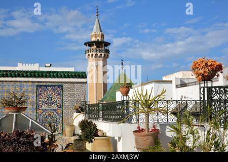 TUNIS, TUNISIA - JANUARY 01, 2020: Colorful tiled terrace overlooking the medina, with a view on the minaret of Hammouda Pacha Mosque and plants Stock Photo