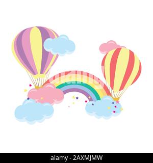 Beautiful childish illustration wind - rainbow with clouds and balloons. Cute baby shower card Stock Vector