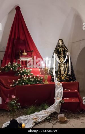 AVETRANA, ITALY - APRIL 19, 2019 - Exhibition of religious art during Holy Week. The Virgin Maria Our Lady of Sorrows or Mater Dolorosa Stock Photo