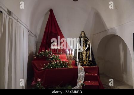 AVETRANA, ITALY - APRIL 19, 2019 - Exhibition of religious art during Holy Week. The Virgin Maria Our Lady of Sorrows or Mater Dolorosa Stock Photo