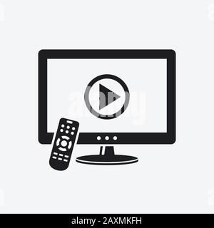 TV with remote control and play button on screen icon Stock Vector